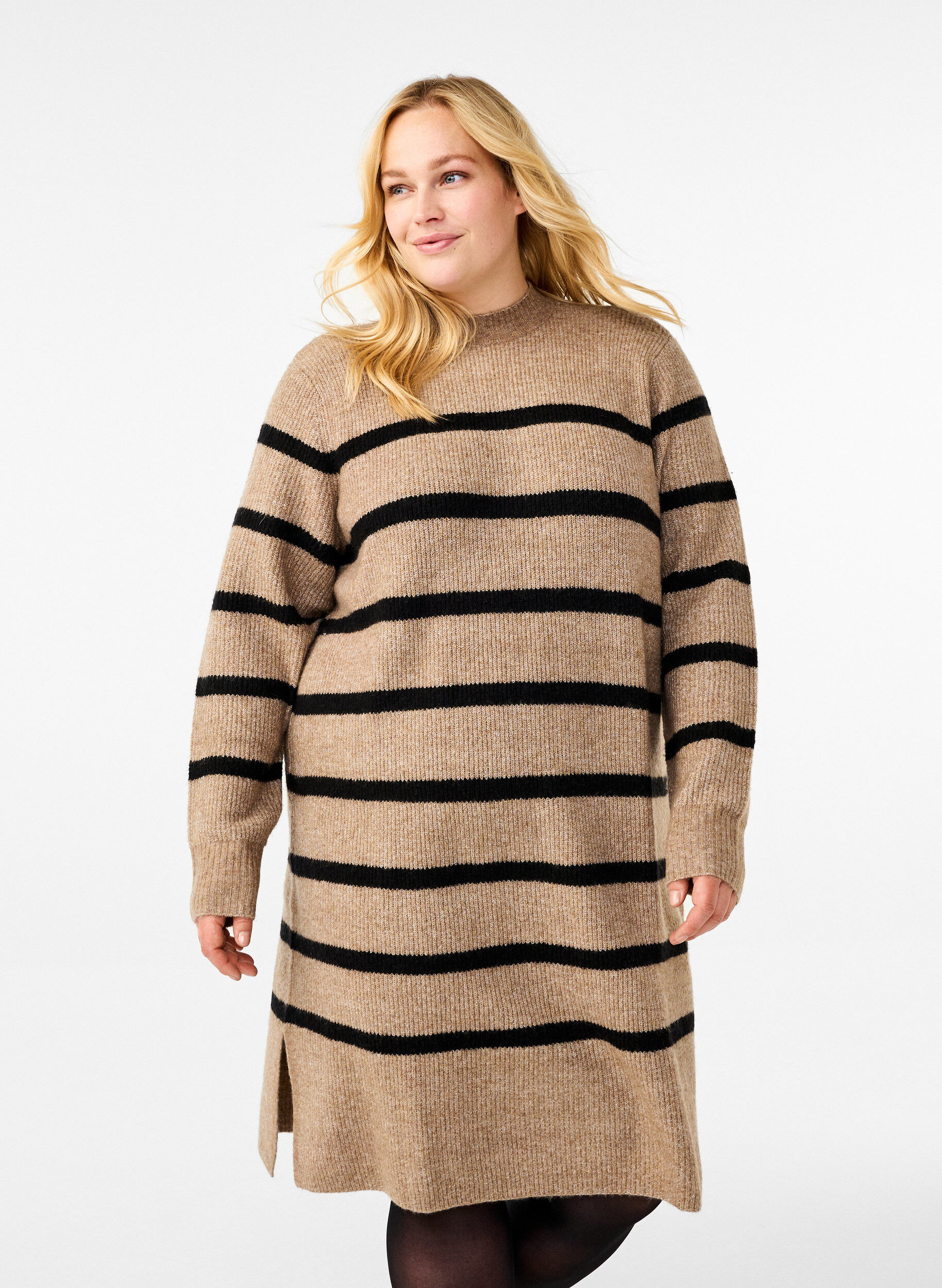 Zizzi Langermet strikkekjole med striper, Desert Taupe Comb, Model image number 0