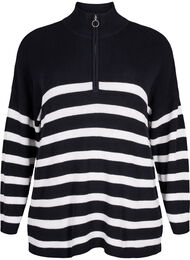 Stripete strikkegenser med høy krage, Black w.Cloud Dancer