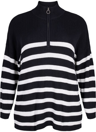 Stripete strikkegenser med høy krage, Black w.Cloud Dancer, Packshot image number 0