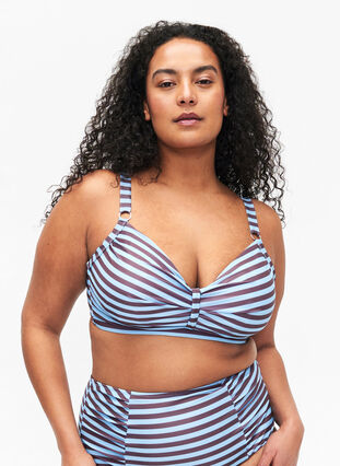 Bikini-BH med bøyler og trykk, BlueBrown Stripe AOP, Model image number 0