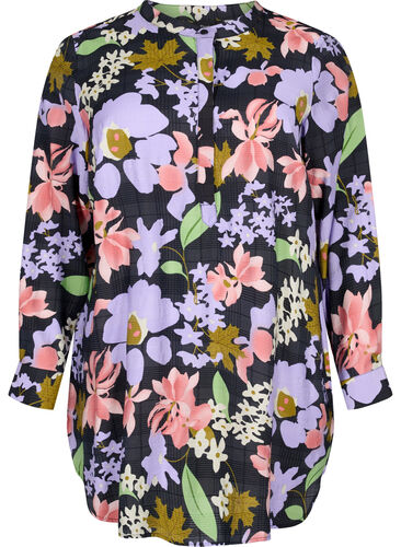 Blomstrete tunika i viskose, Purple Green Flower, Packshot image number 0