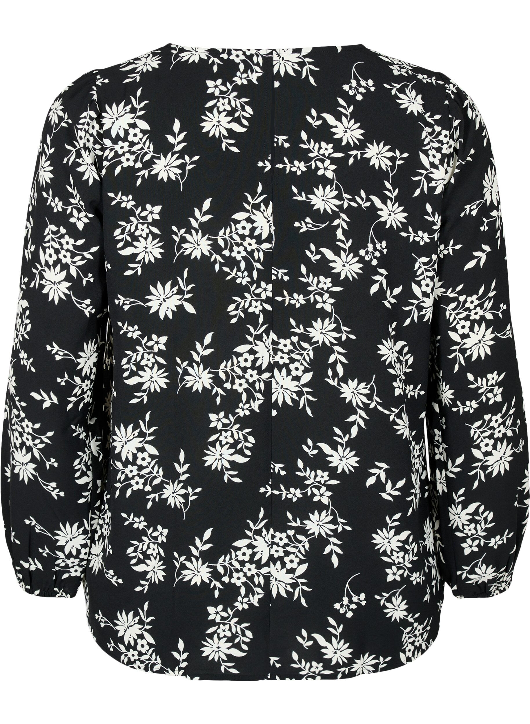 Zizzi Bluse med puffermer, Black Flower AOP, Packshot image number 1
