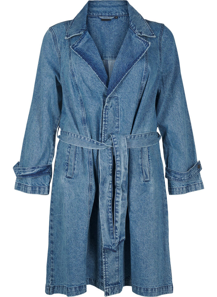 Trenchcoat i denim med belte, Blue Denim, Packshot image number 0