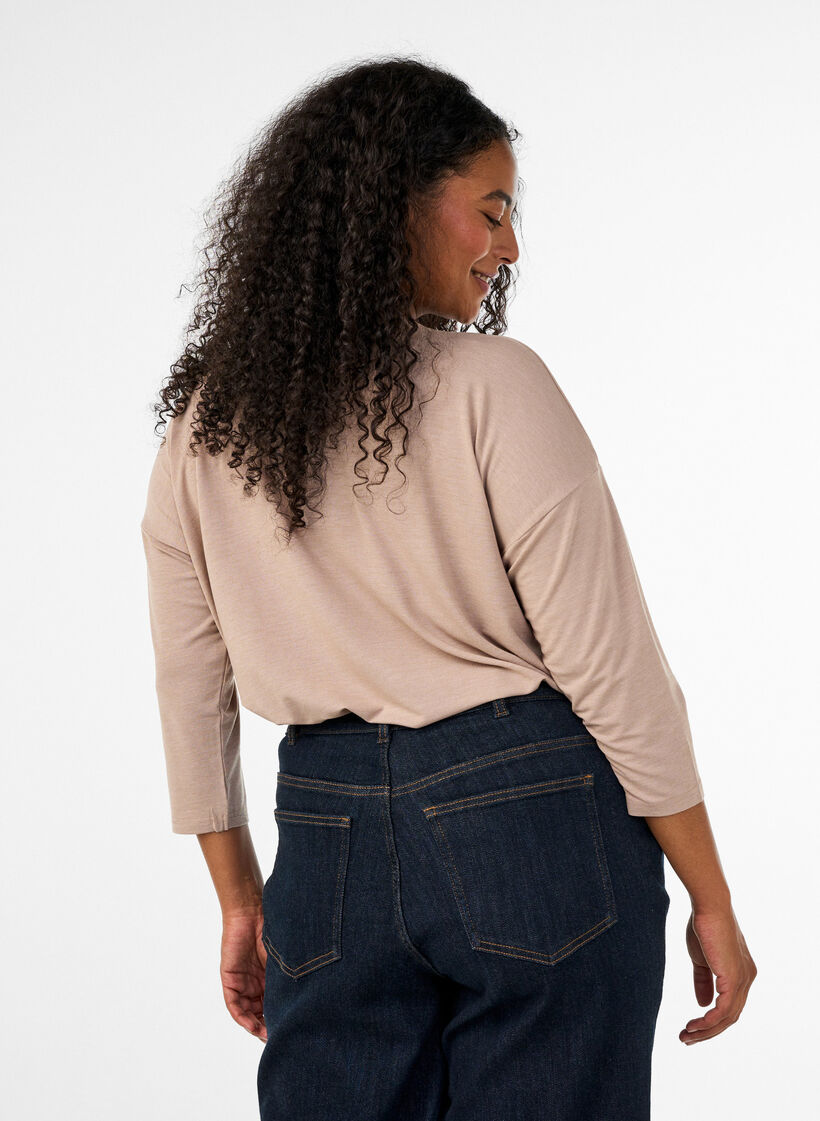 Jersey bluse med 3/4 ermer, Beige, Model image number 2