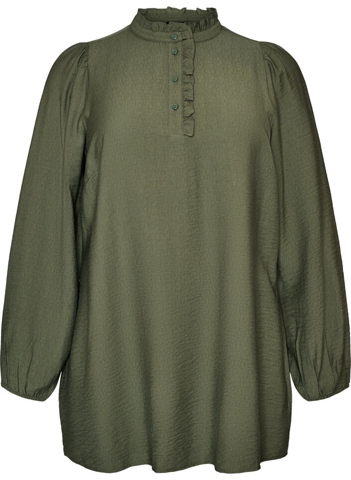 Viskosetunika med volanger og knapper, Gr&oslash;nn, Packshot image number 0