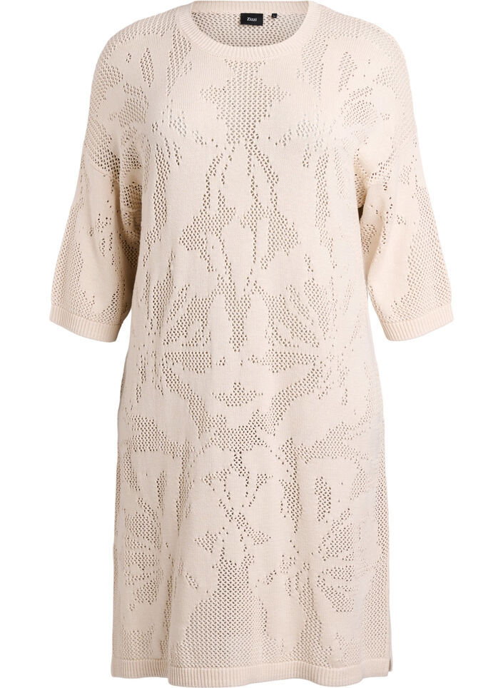 Strikket kjole med åpent mønster og 3/4 ermer, Beige, Packshot image number 0