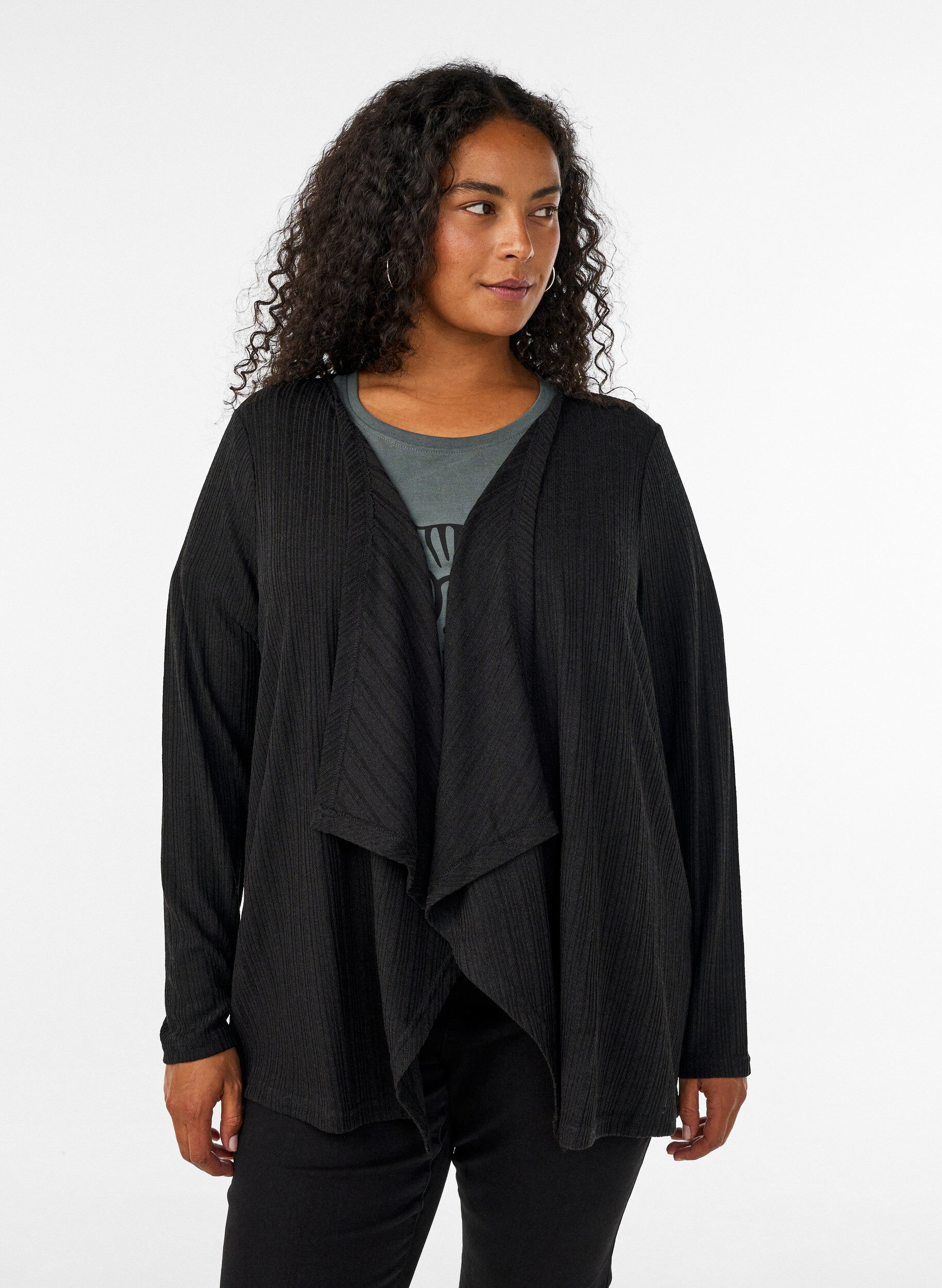 &Aring;pen cardigan i teksturert jersey, Svart, Model