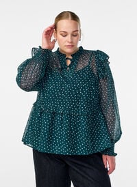 Chiffonbluse med volangdetaljer og små prikker, Grønn Chiffonbluse med volangdetaljer og små prikker, Grønn, Model