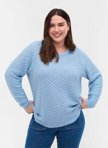 Strikkebluse i økologisk bomull med lange ermer, Chambray Blue, Model image number 0