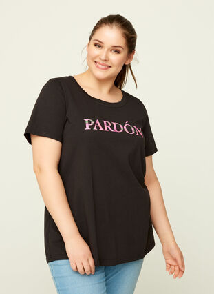 T-skjorte i bomull med print, Black, Model image number 0