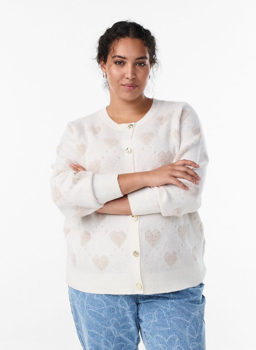 Cardigan med hjerter og gyldne knapper, Beige, Model image number 0