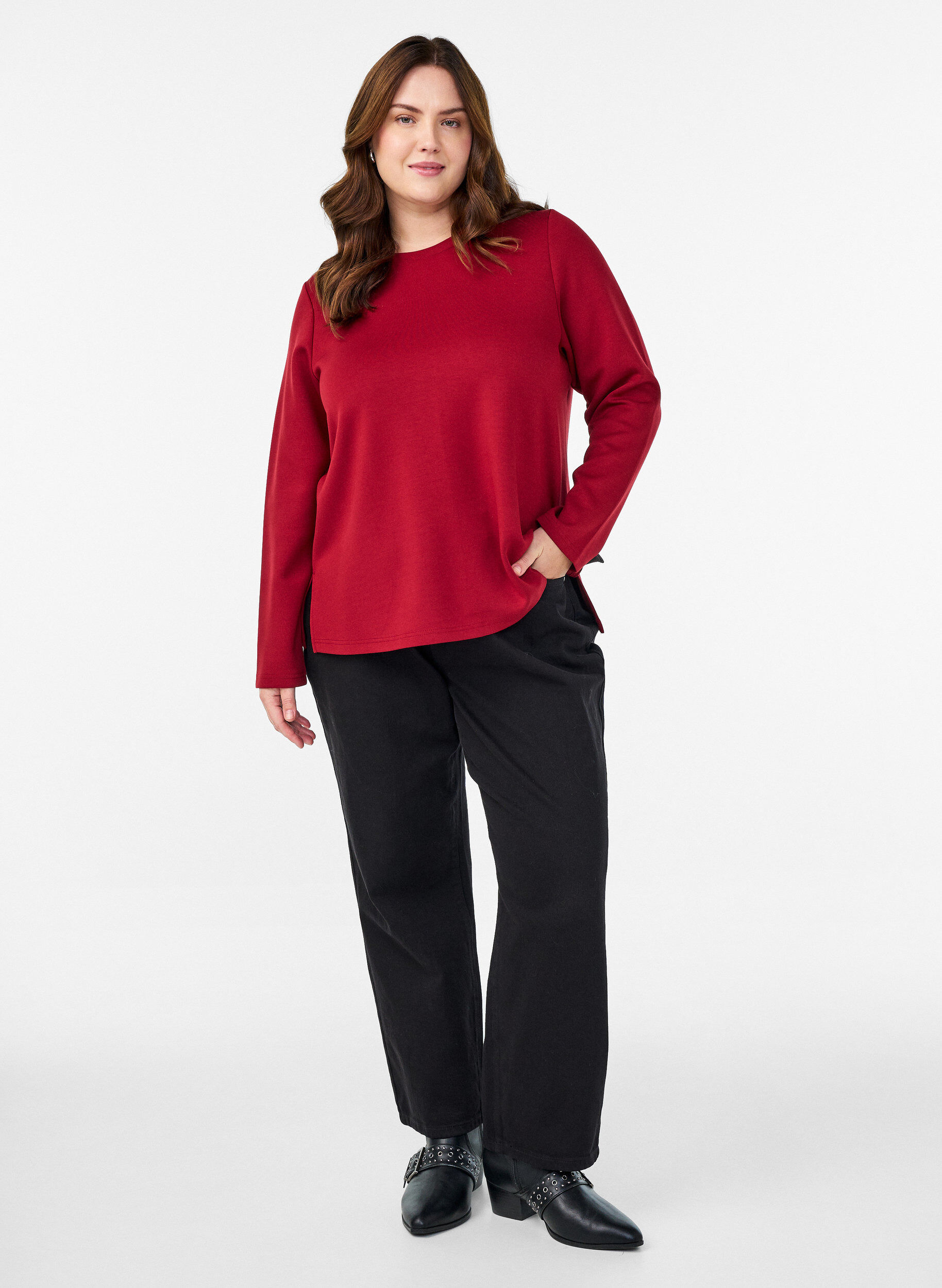 Zizzi Jerseybluse med rund hals, R&oslash;d, Model image number 1