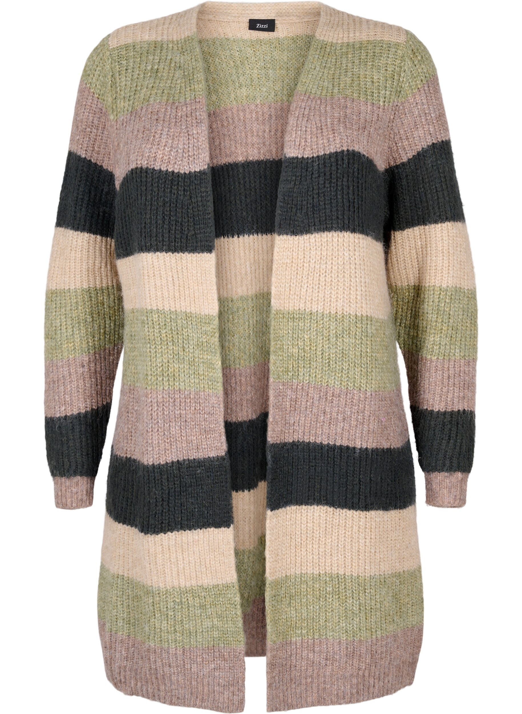 Zizzi Lang, ribbestrikket cardigan med striper, Forest Night Comb, Packshot image number 0