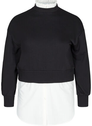 Sweatshirt med påsydd skjorte, Black, Packshot image number 0