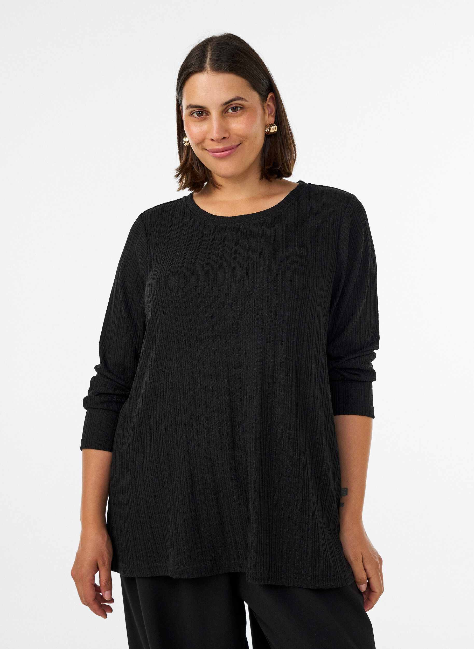 Jerseybluse med ribbestruktur og lange ermer, Svart, Model