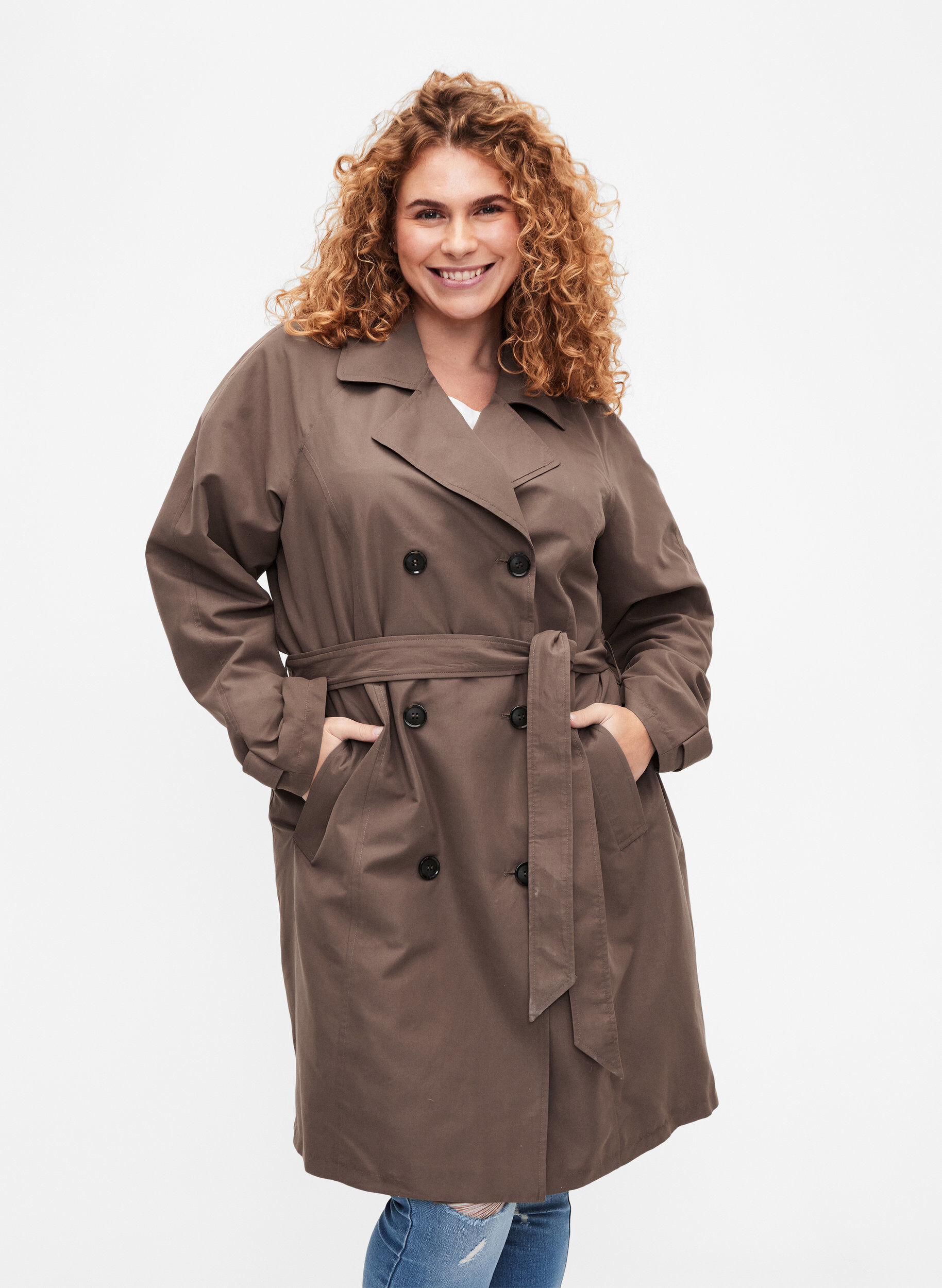 Zizzi Trenchcoat med belte og slisse, Chocolate Chip, Model image number 0