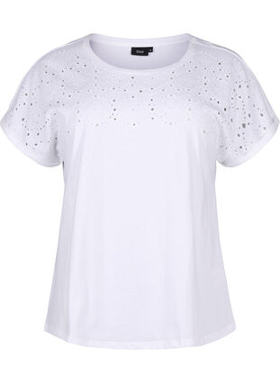 Zizzi T-skjorte i økologisk bomull med engelsk broderi, Bright White, Packshot image number 0