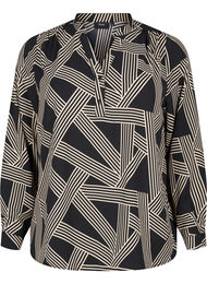 Langermet skjortebluse med V-hals, BLACK BEIGE GRAPHIC