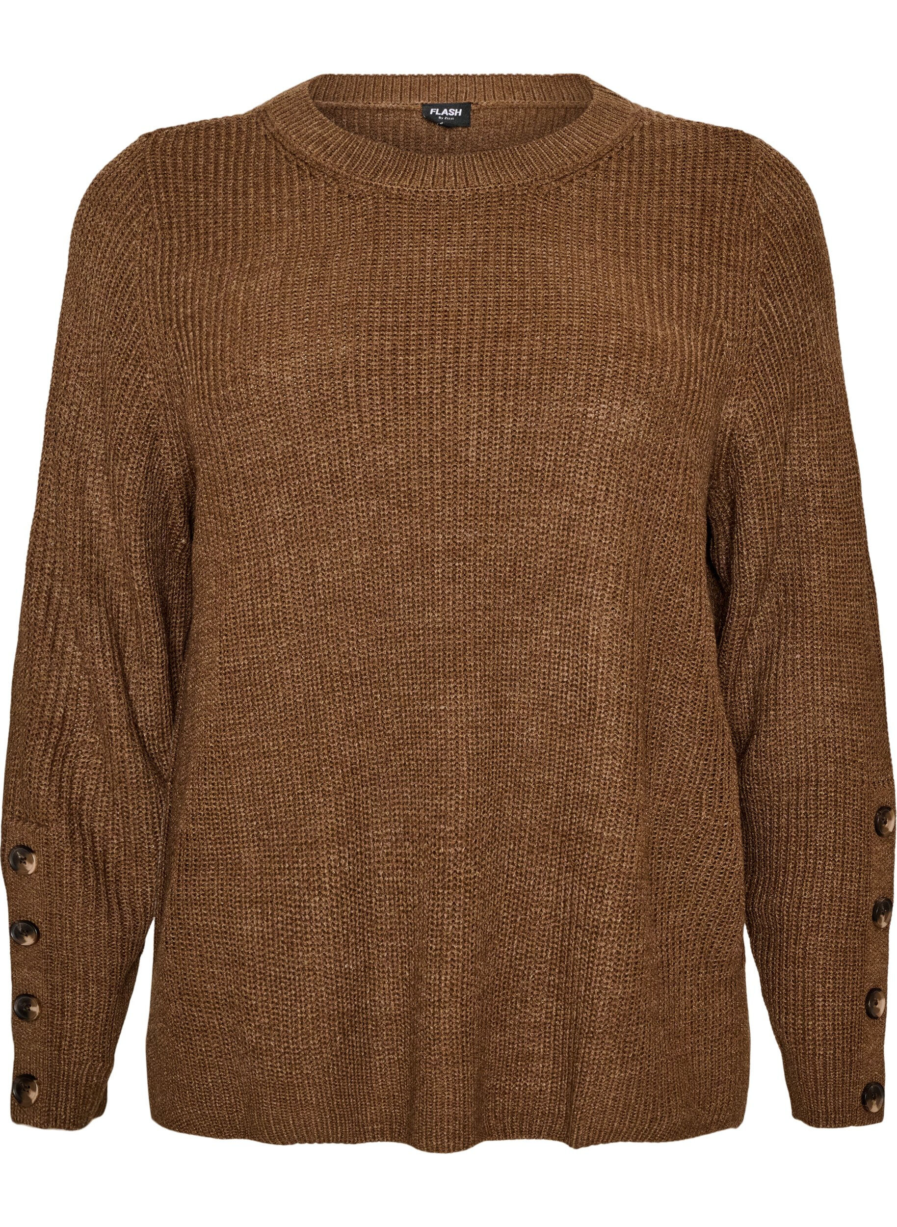 ZizziStrikket bluse med ribbestruktur og knappdetaljer, Brun, Packshot image number 0