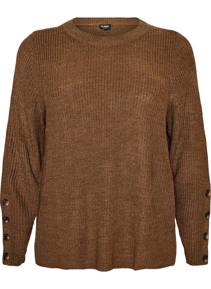 Strikket bluse med ribbestruktur og knappdetaljer, Brun, Packshot image number 0