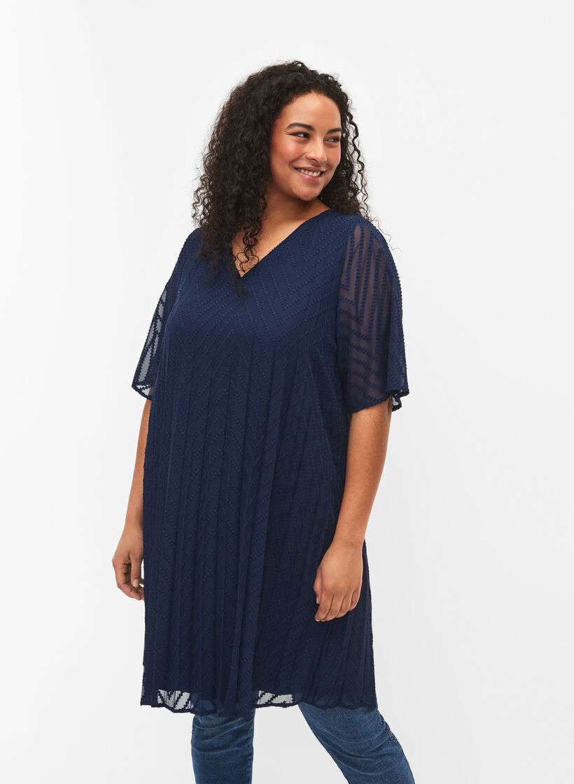 Kjole med korte ermer og struktur, Navy Blazer, Model image number 0