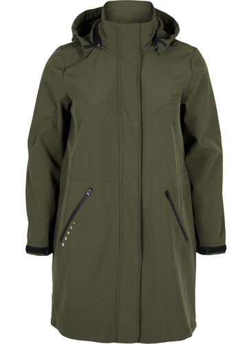 Lang softshelljakke med hette, Forest Night Solid, Packshot image number 0