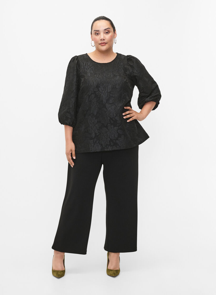 Jacquard-bluse med 3/4-ermer, Black, Model image number 2