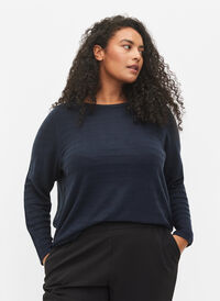 Strukturmønstret strikkegenser med rund hals, Navy Blazer, Model
