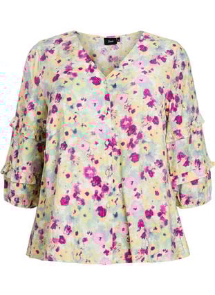 Zizzi Bluse med volangedetaljer og blomstertrykk, Vanilje, Packshot image number 0