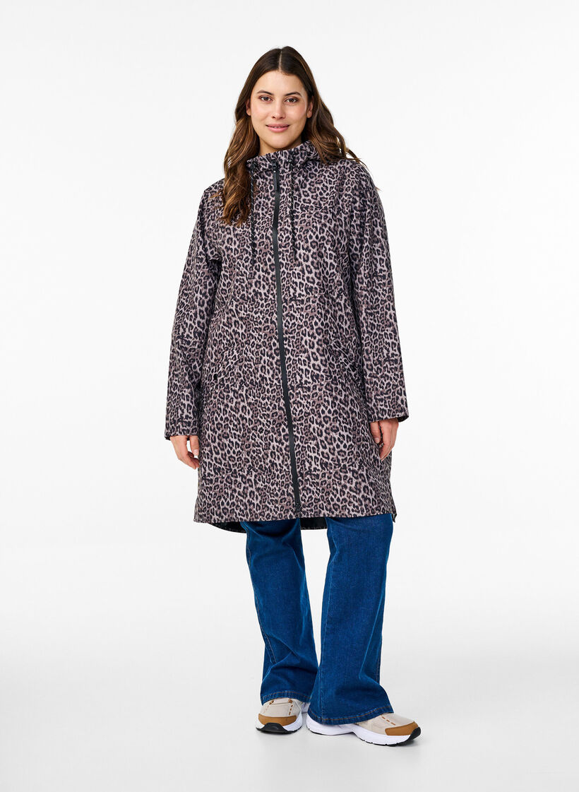 Regnjakke med lommer og hette, Brun, Model image number 1