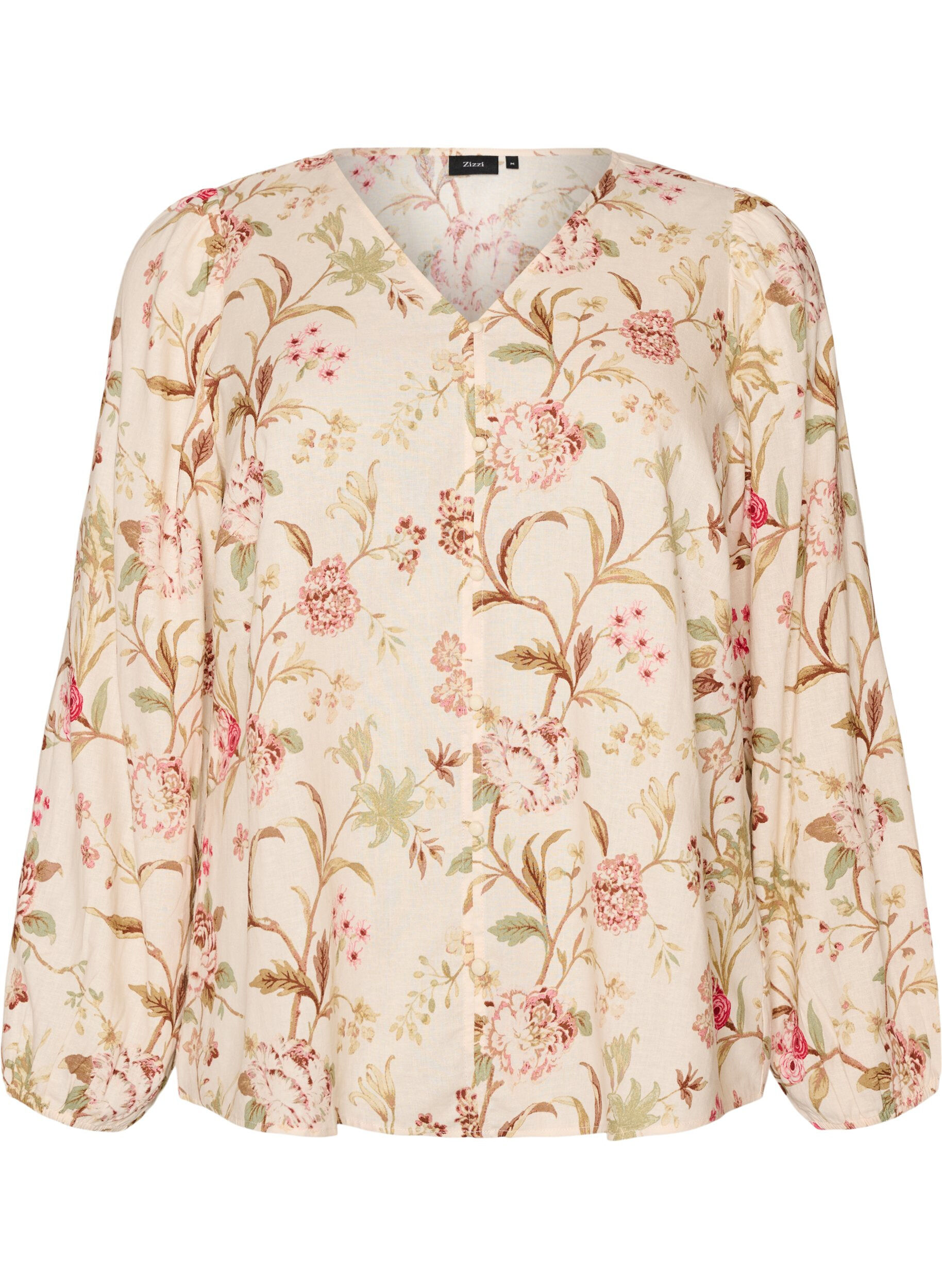 ZizziBluse med blomstertrykk i lin og viskose med lange ermer, Vanilje, Packshot image number 0