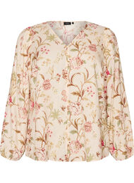 Bluse med blomstertrykk i lin og viskose med lange ermer, Vanilje