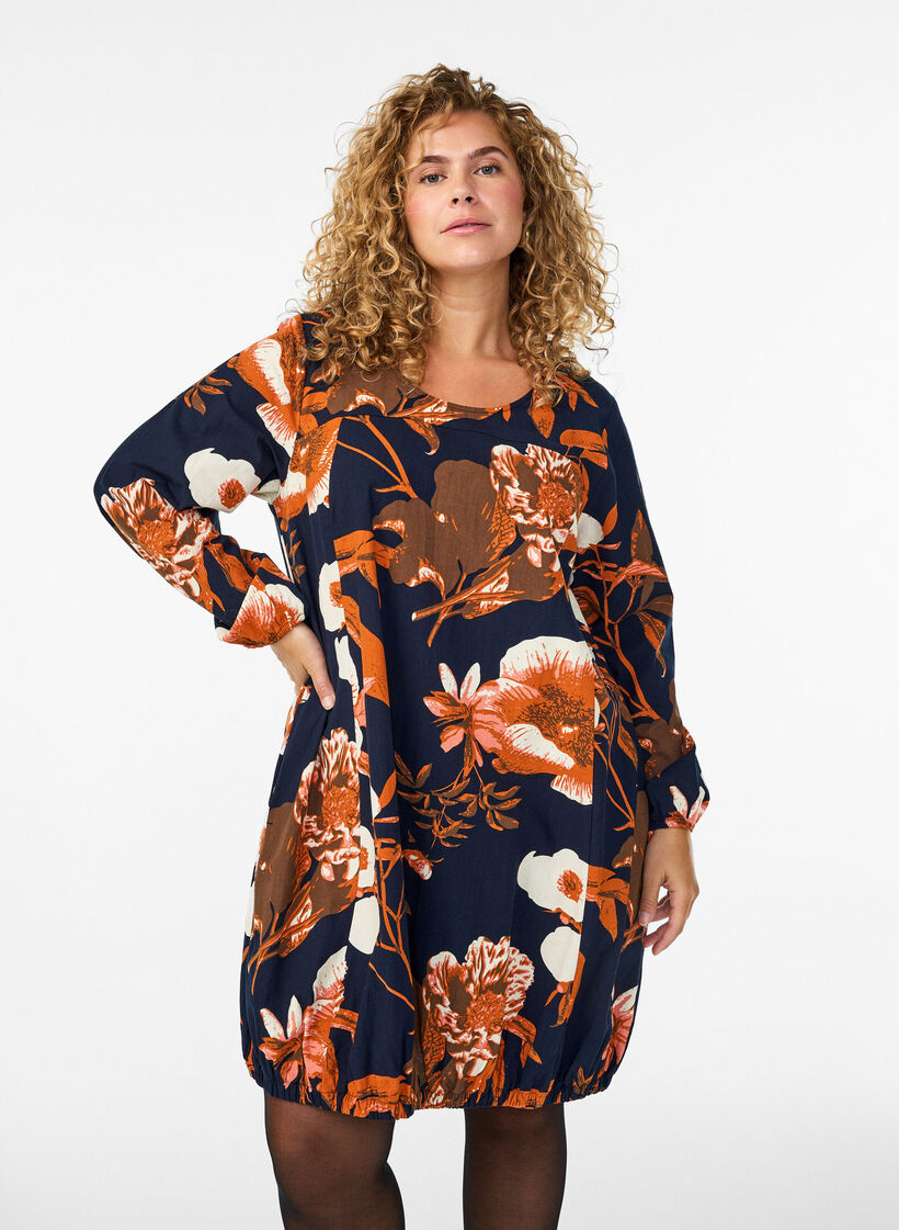 Kort bomullskjole med elastisk fold og lange ermer, Svart, Model image number 0