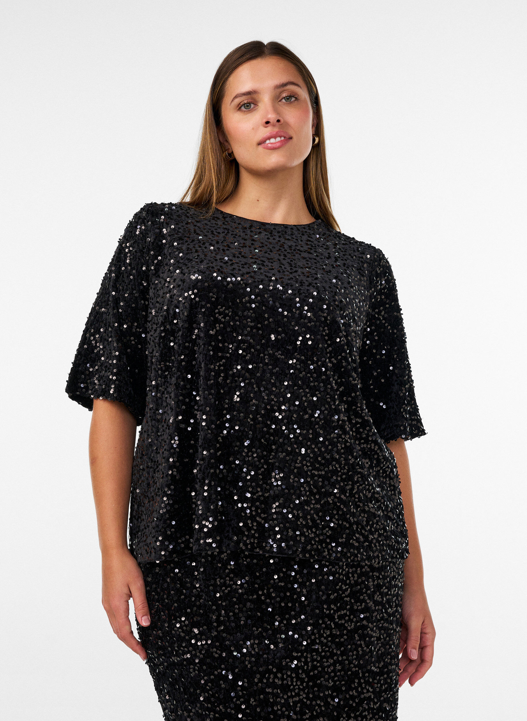 Paljettbluse med albuelange ermer, Svart, Model