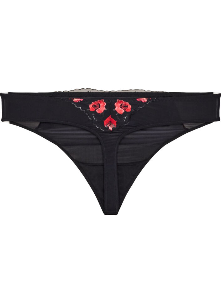Mikrofiberstring med blomsterbroderi, Svart, Packshot image number 1