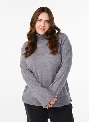 Zizzi Strikkebluse med høy hals og knapper på siden, Grå, Model image number 0