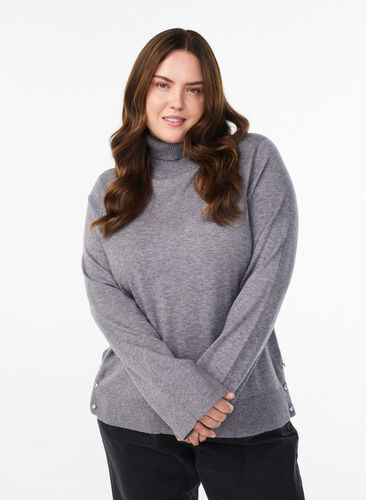 Zizzi Strikkebluse med høy hals og knapper på siden, Grå, Model image number 0