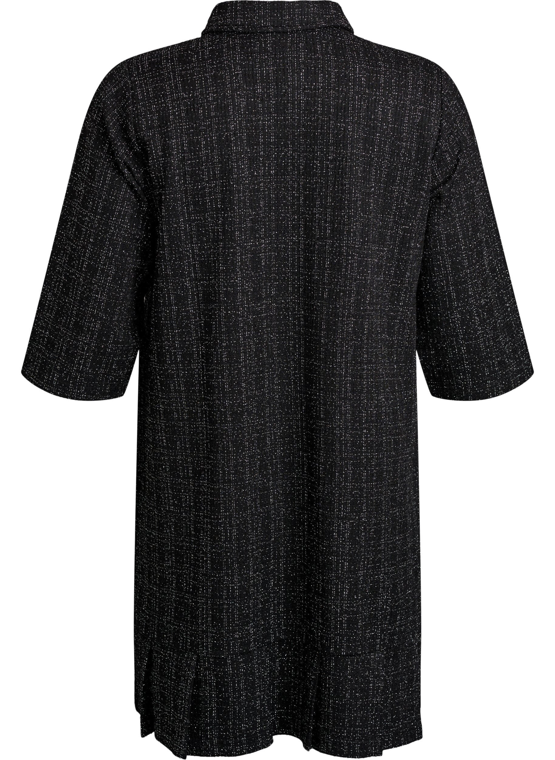 ZizziKort boucl&eacute; kjole med dekorative knapper, Svart, Packshot image number 1