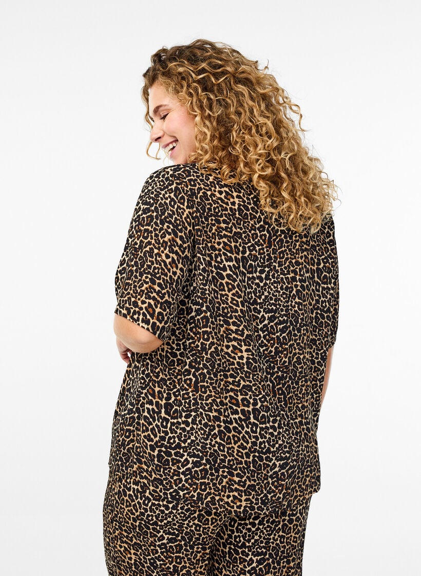 Short sleeve Viscose Bluse med utskrift, Brun, Model image number 2