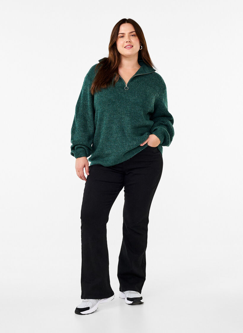 Strikket genser med h&oslash;y hals og glidel&aring;s, Gr&oslash;nn, Model image number 1