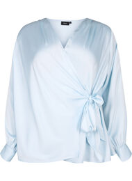 Festbluse i sateng med omslag, Delicate Blue