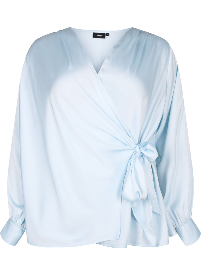 Festbluse i sateng med omslag, Delicate Blue, Packshot image number 0