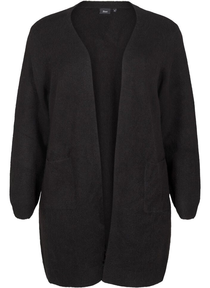Lang strikket cardigan med lommer, Svart, Packshot image number 0