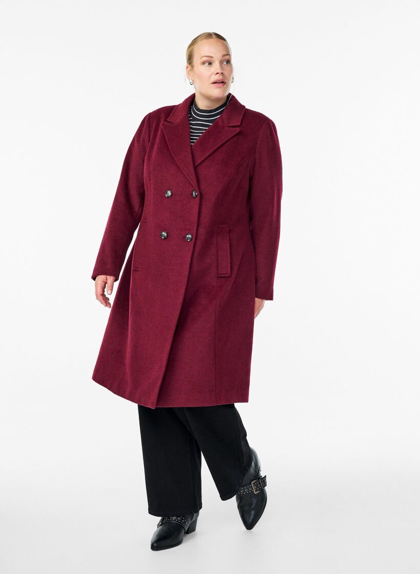 Ullblandet frakk med dobbeltradede knapper, Maroon Banner Mel., Model