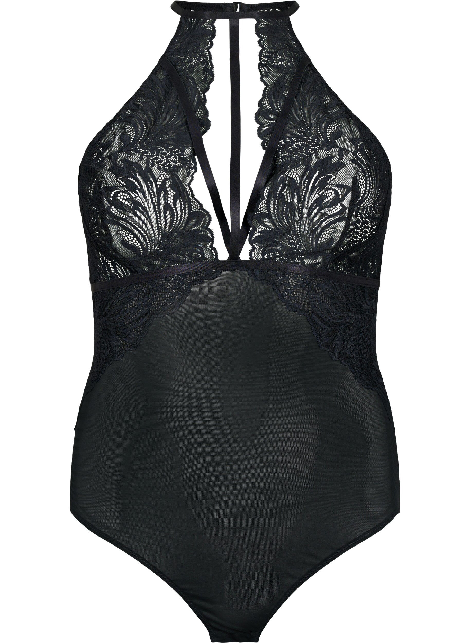 Zizzi Bodystocking med halterneck, blonder og snorer, Black, Packshot image number 0