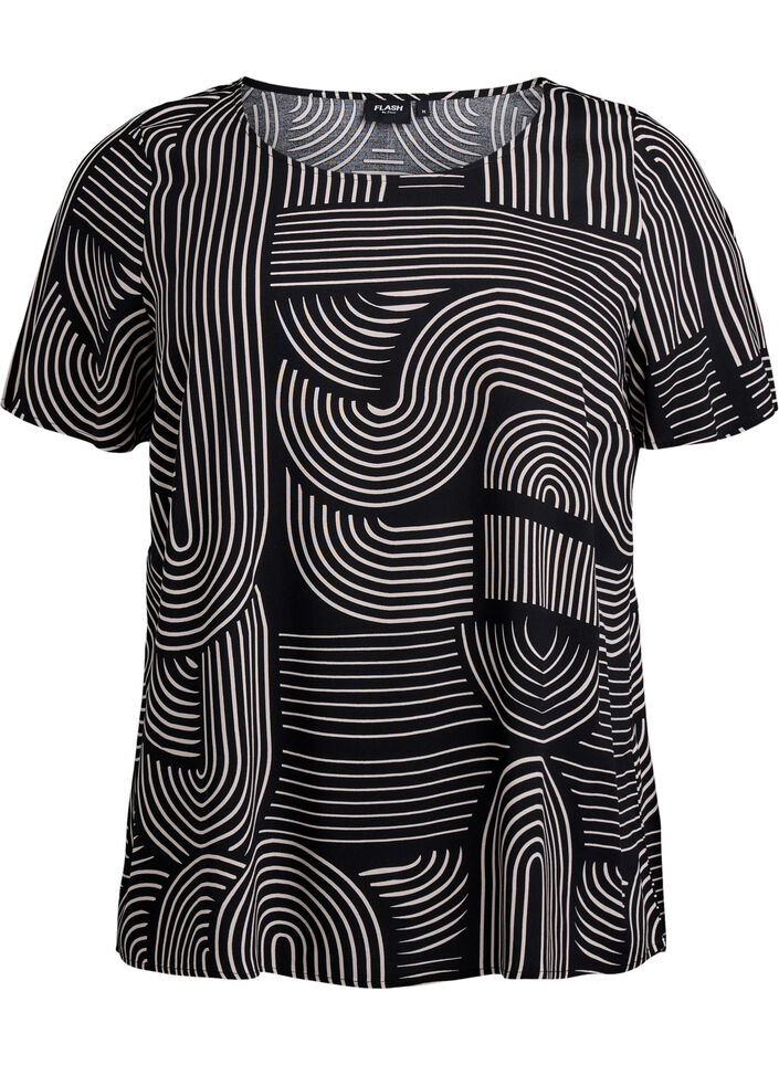 FLASH - Kortermet bluse i viskose med trykk, Svart, Packshot image number 0