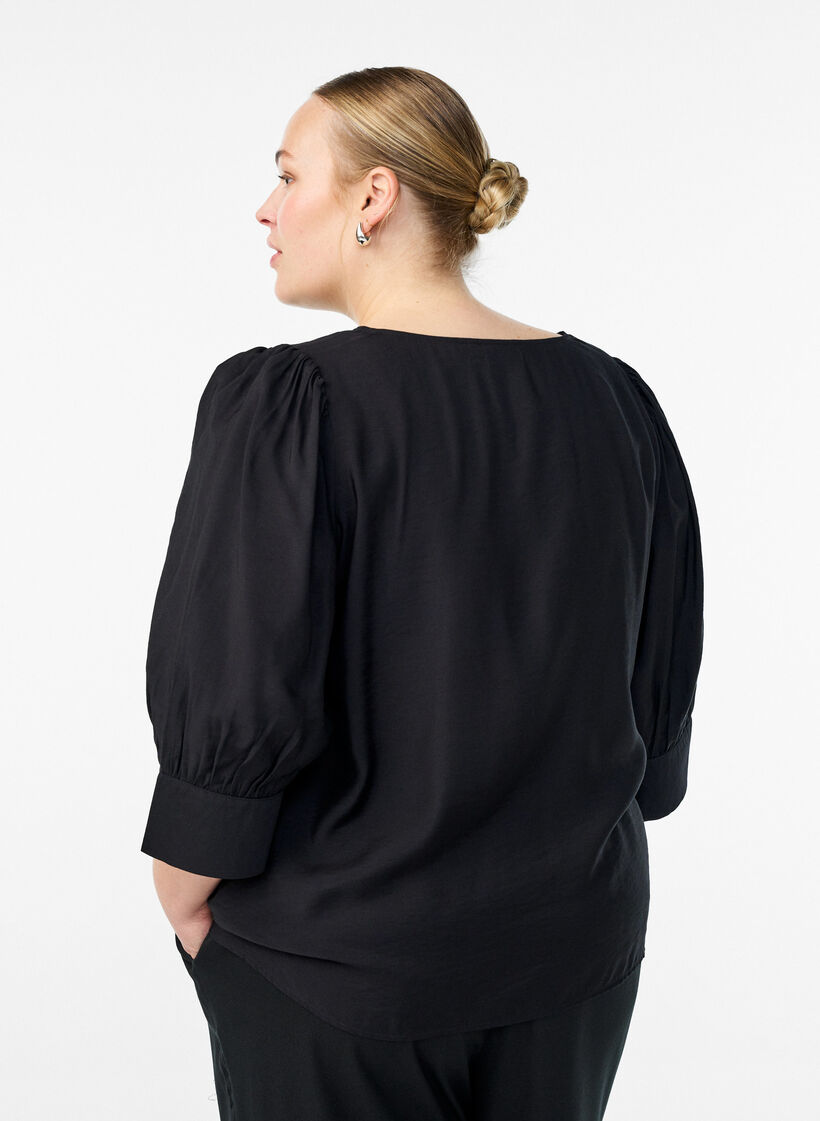 Bluse med V-hals og 3/4-ermer, Svart, Model image number 2