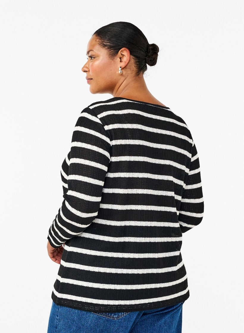 Bluse med striper og lange ermer, Black Sand Stripe, Model image number 1