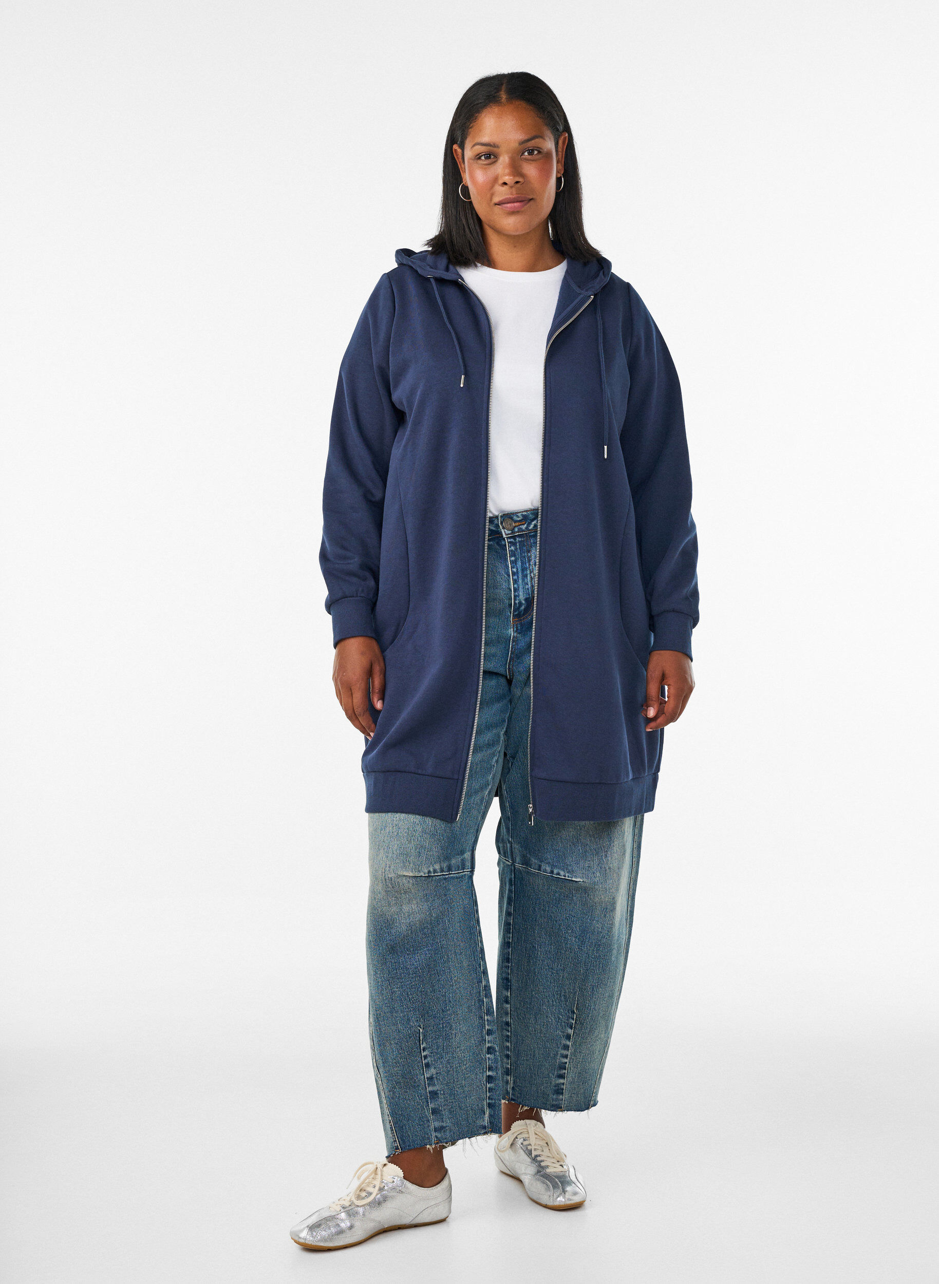 ZizziLang hettegenser med glidel&aring;s og lommer, Bl&aring;, Model image number 1