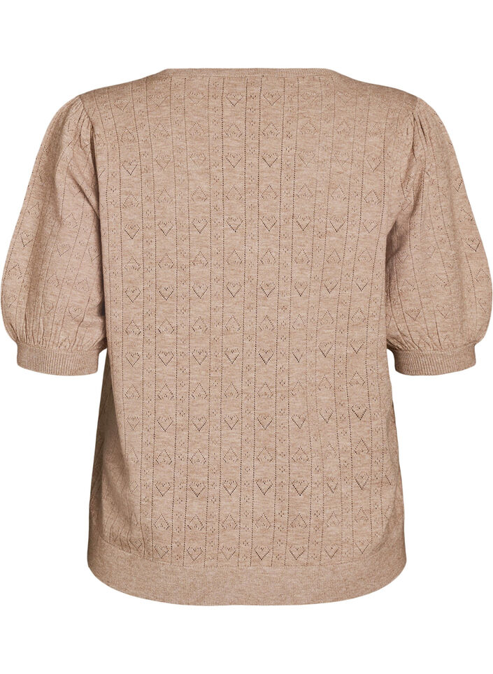 Kortermet strikkebluse med pointellem&oslash;nster, Beige, Packshot image number 1